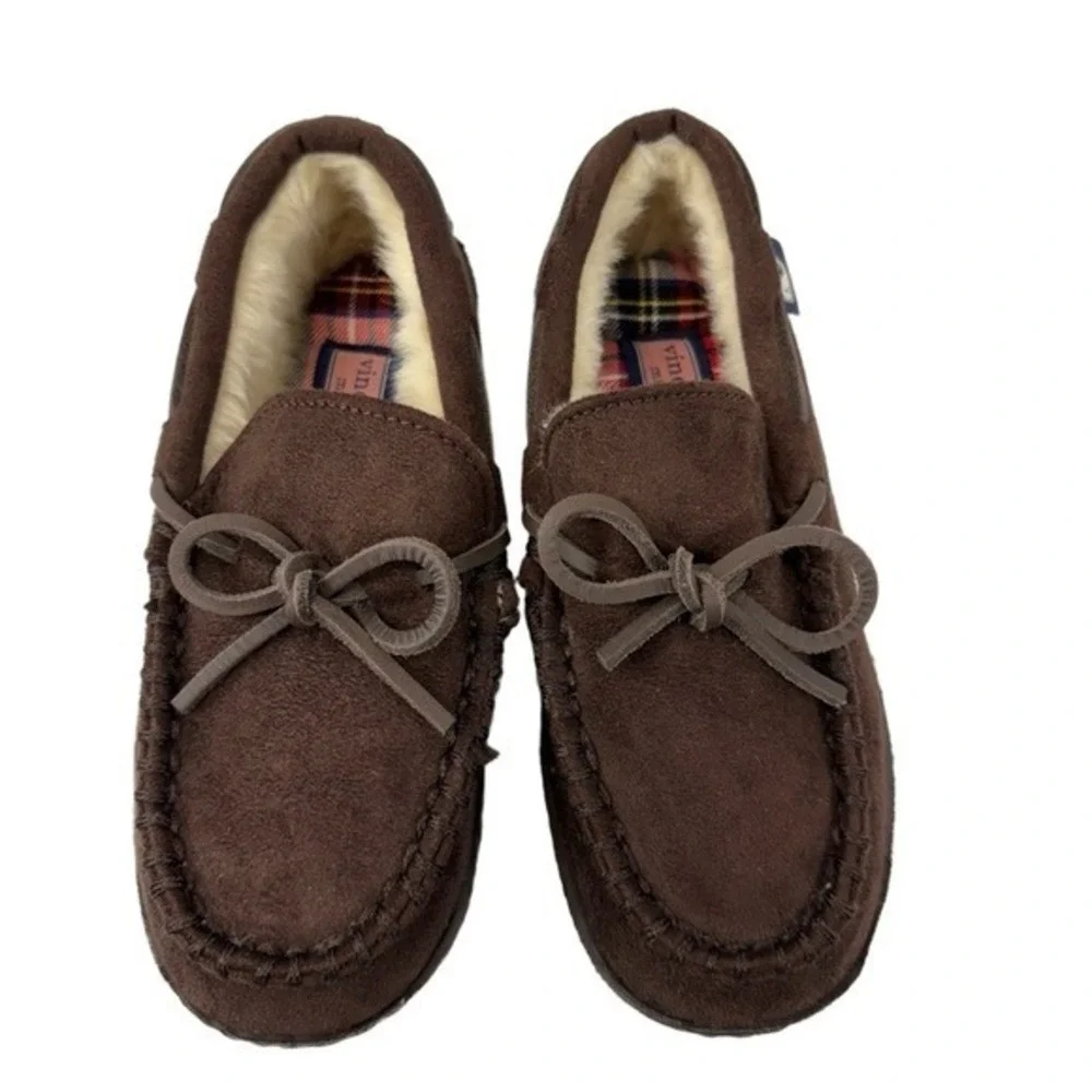 Vineyard Vines Kids 2M Brown Moccasin Slippers Faux Suede Faux Fur Lining